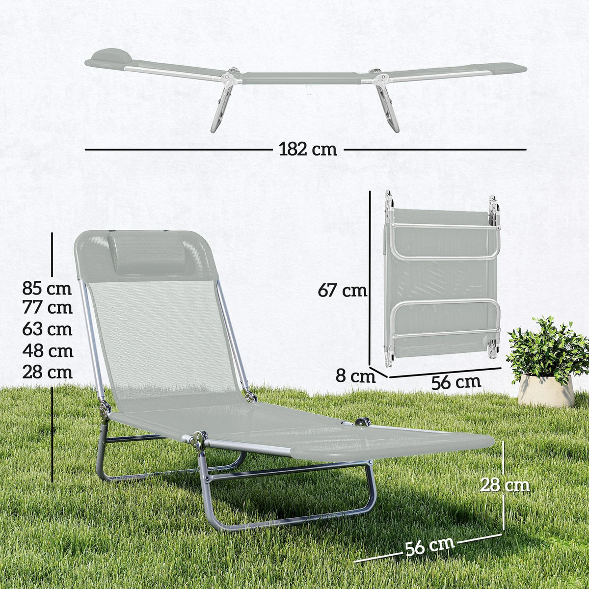 Light grey mesh reclining sun lounger with folding steel frame, side view