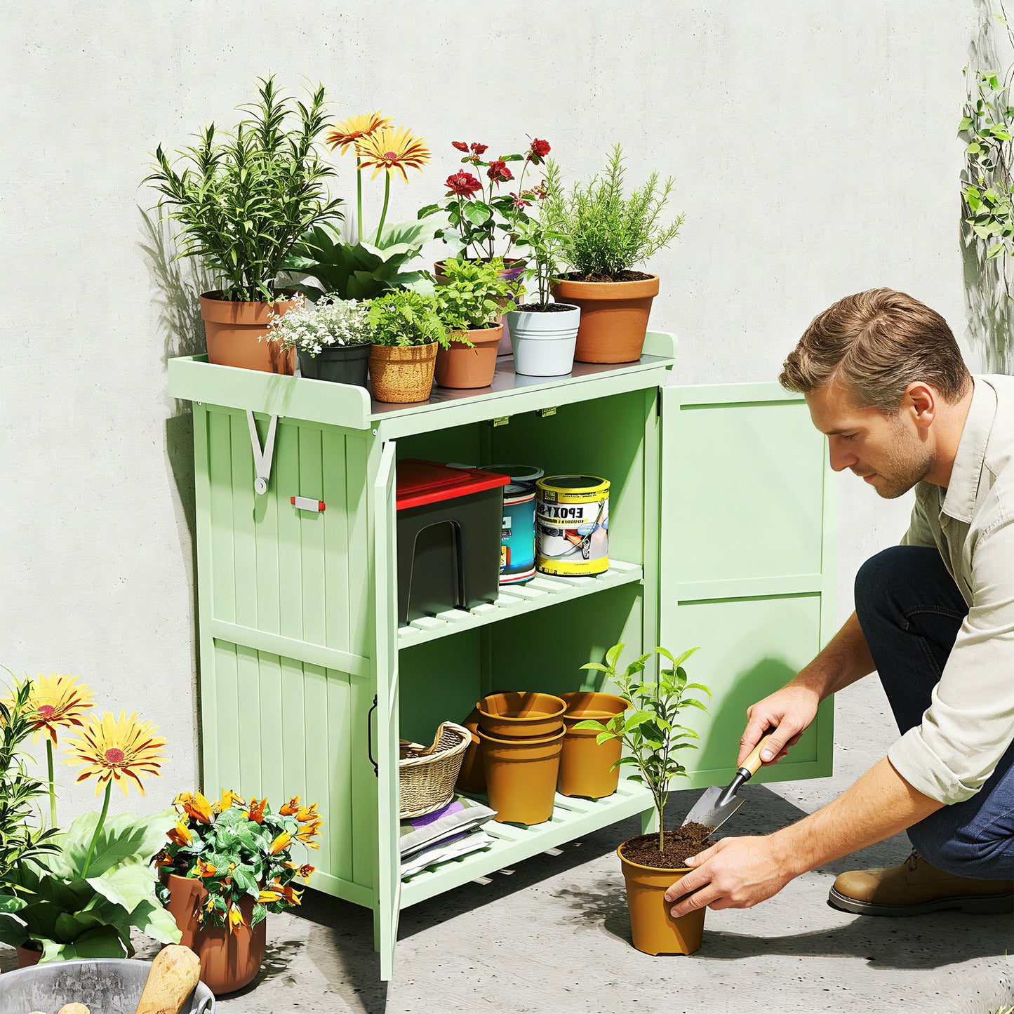 Outsunny Wooden Garden Shed For Tool Storage With Hinged Roof And Shelf Double Doors Light Green