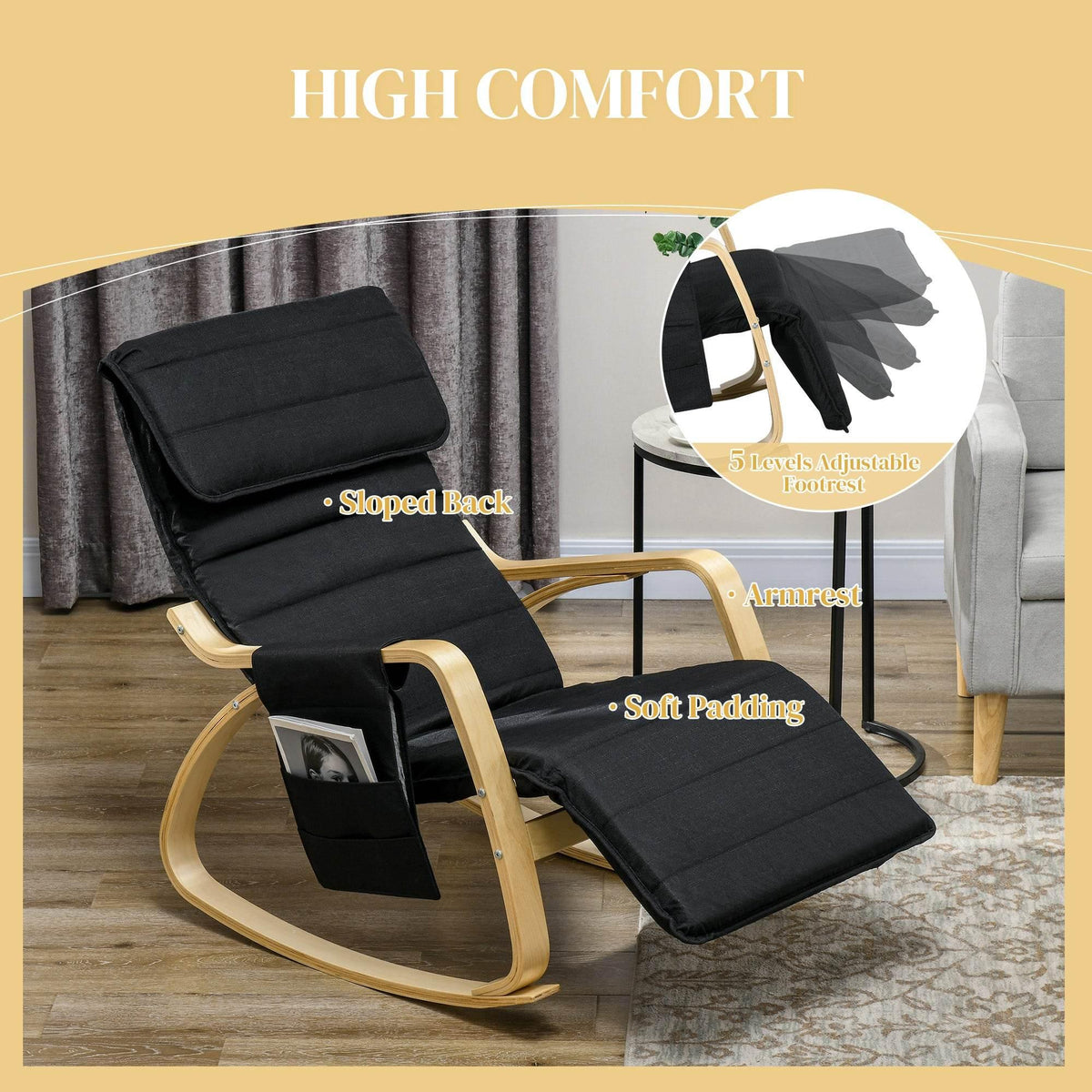 Black reclining rocking chair with padded seat cushions, pillow, and wooden arms