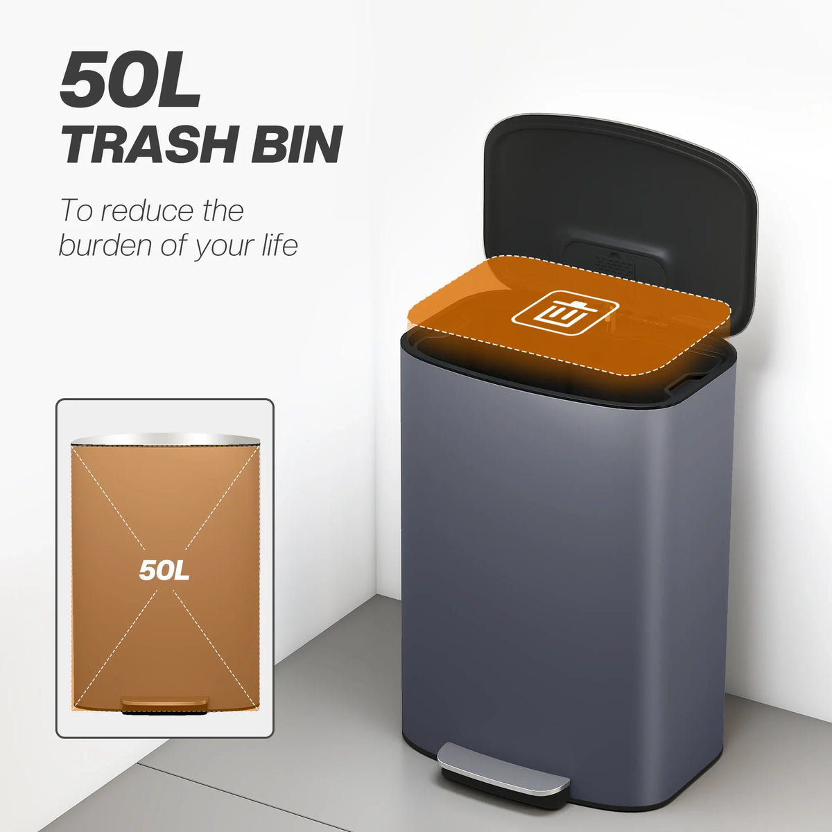 Grey trash bin with black lid and step pedal, soft-close design