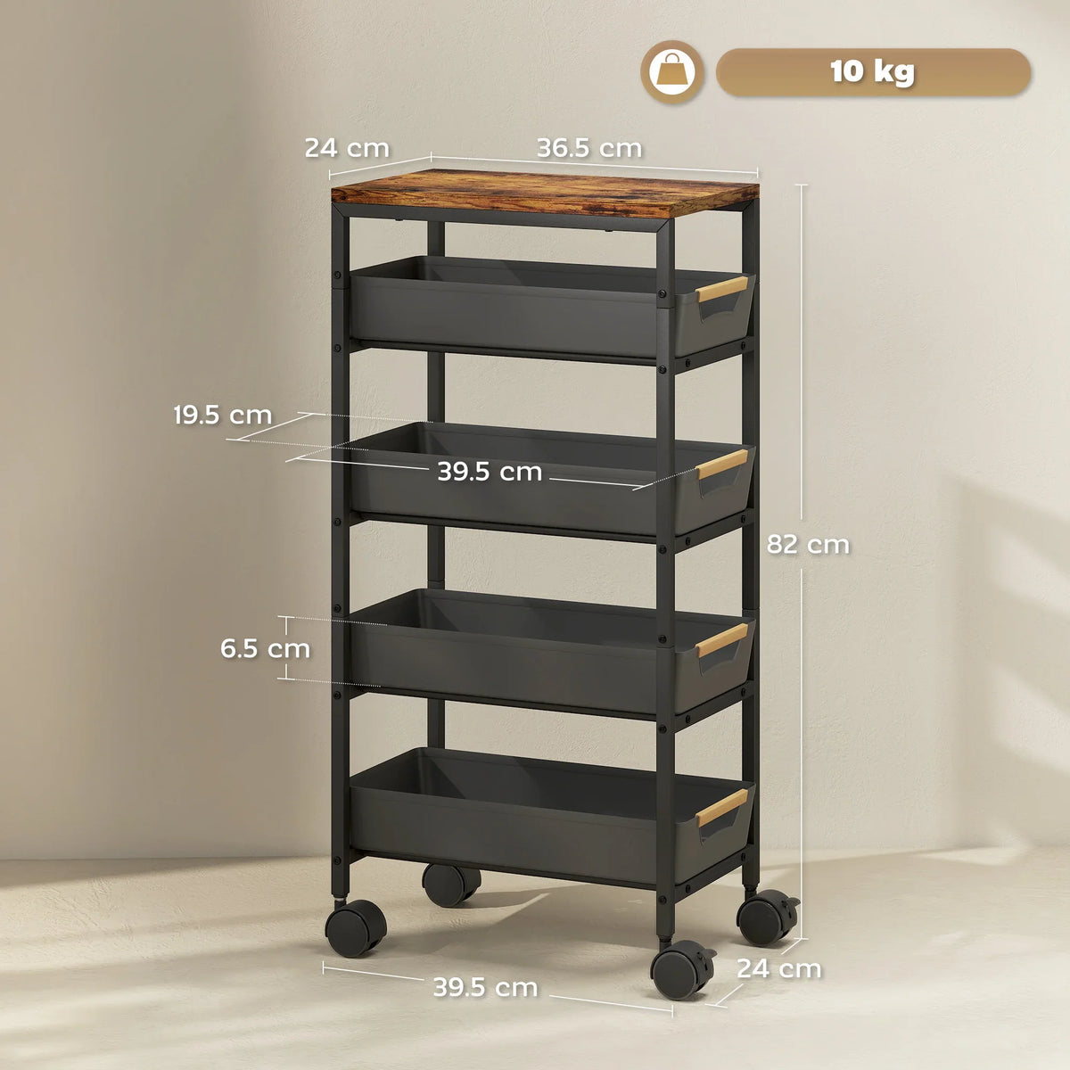 Black 5-tier kitchen cart with wood-effect top, open shelves, and four caster wheels.
