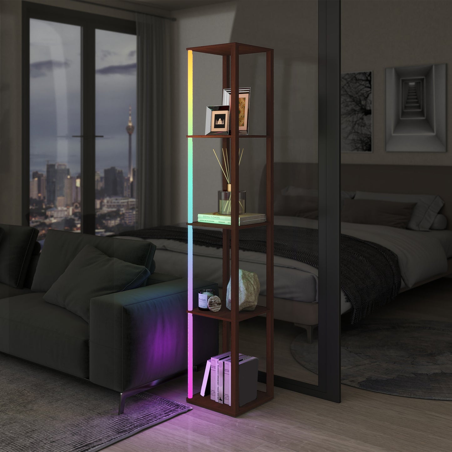 HOMCOM RGB LED Floor Lamp with Shelves Dimmable Standing Lamp Remote Control for Living Room Bedroom Office Brown