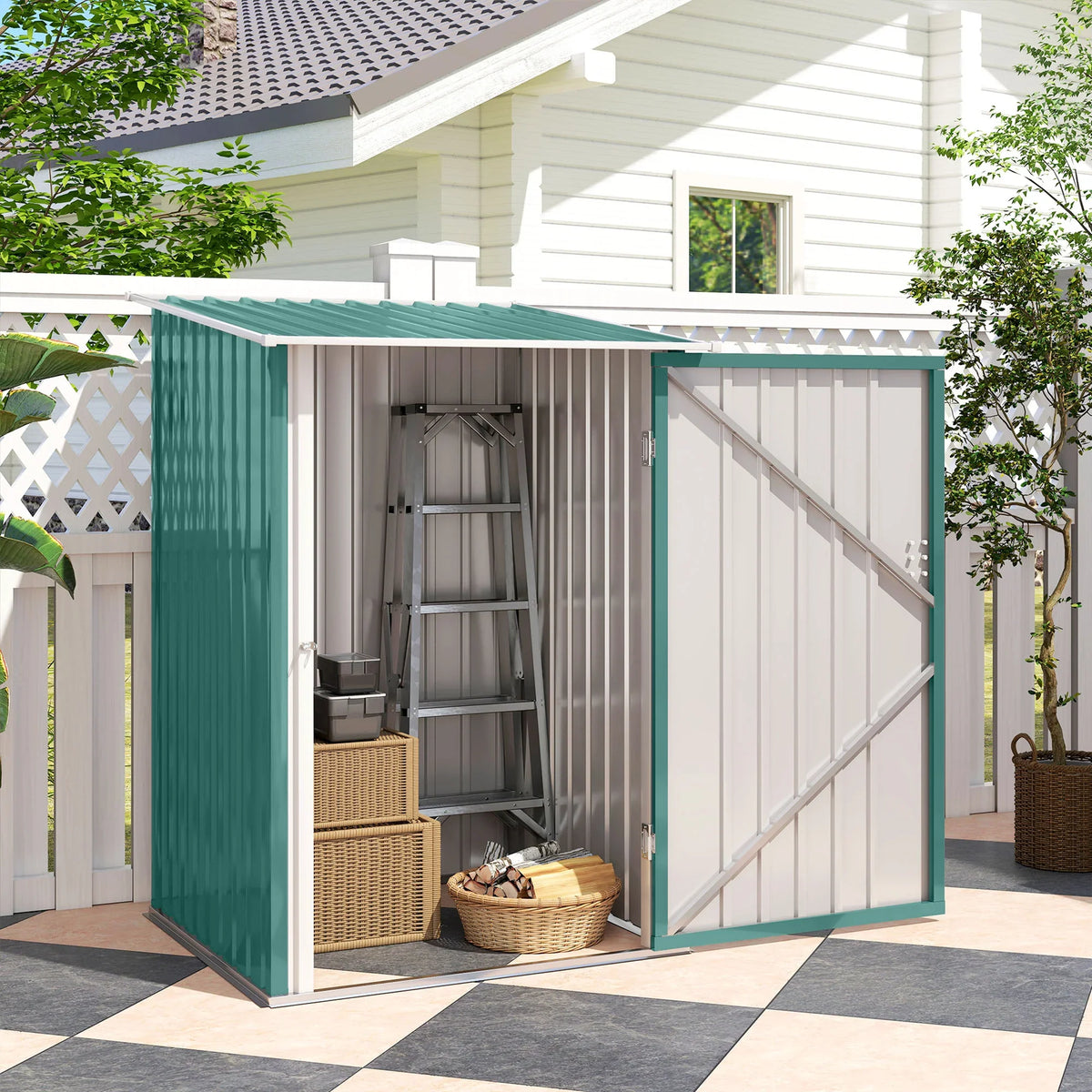 Lean-to metal garden shed interior with shelving and storage bins