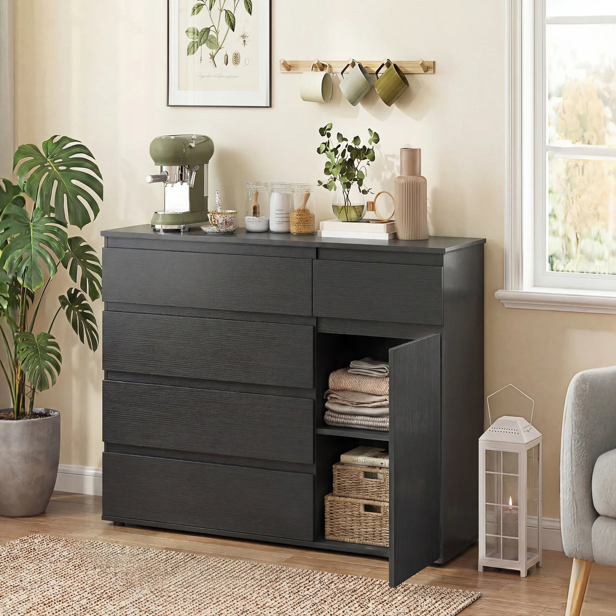 Black sideboard with 5 drawers and open cabinet door showing interior storage