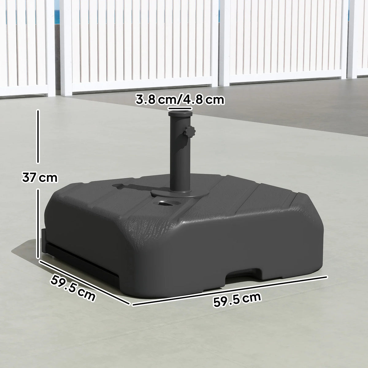 Parasol base with central pole holder, dark gray, rectangular footprint