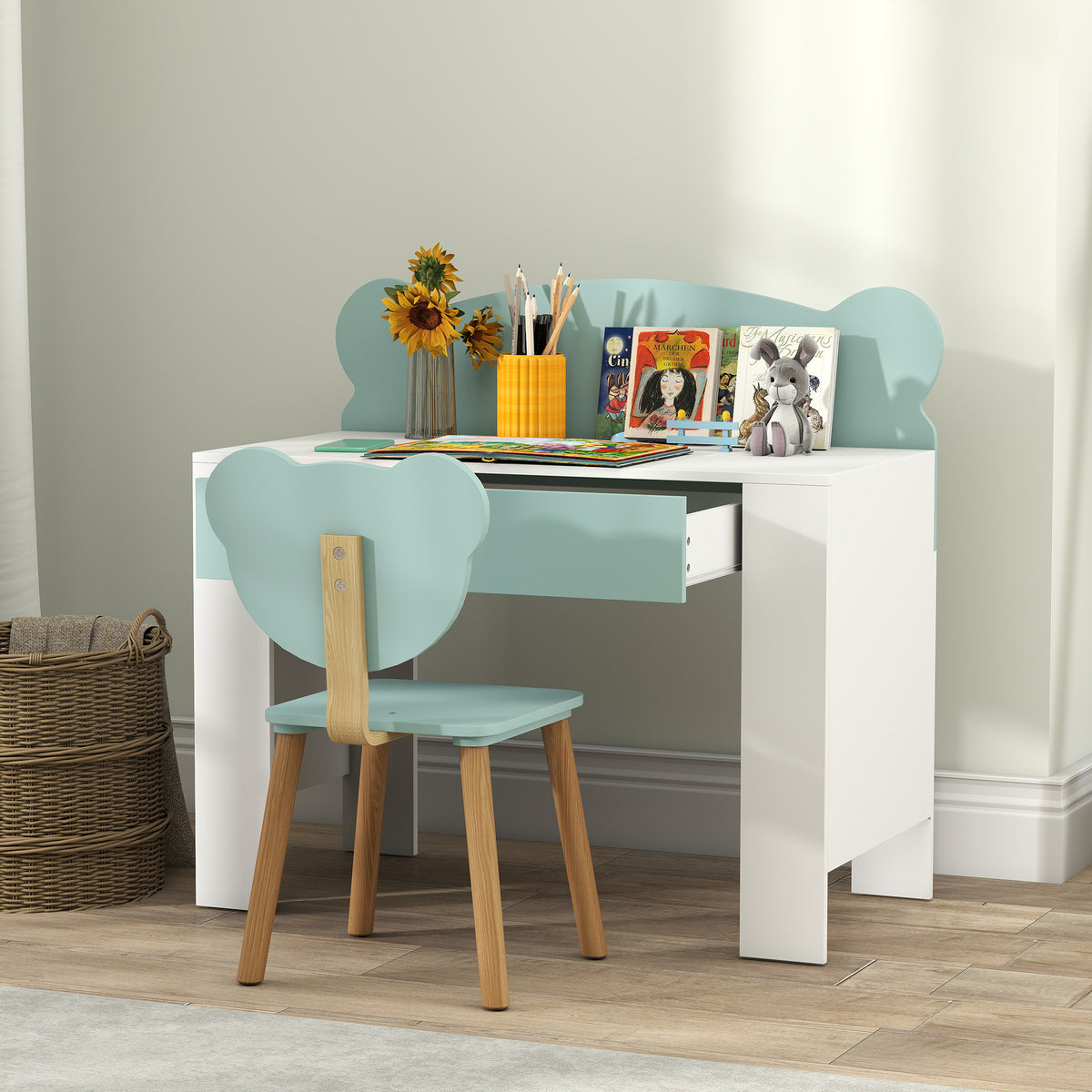 AIYAPLAY Kids Desk and Chair Set with Drawer for Drawing, Reading, Bear Theme Children Furniture for Bedroom, Daycare, Green