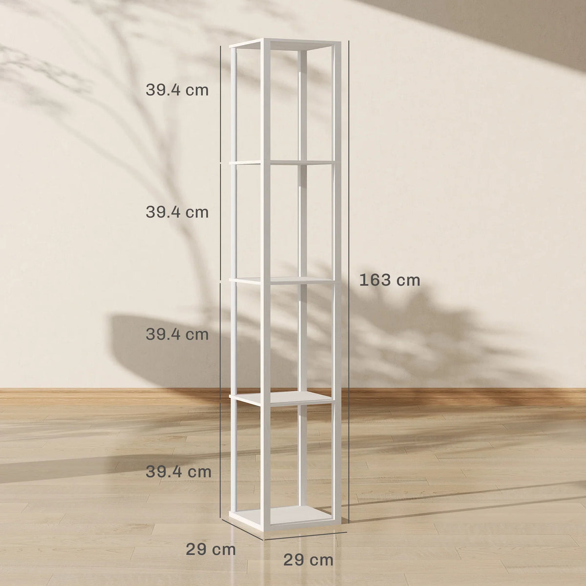 White tall floor lamp with open shelf frame, front view, 4 compartment layout