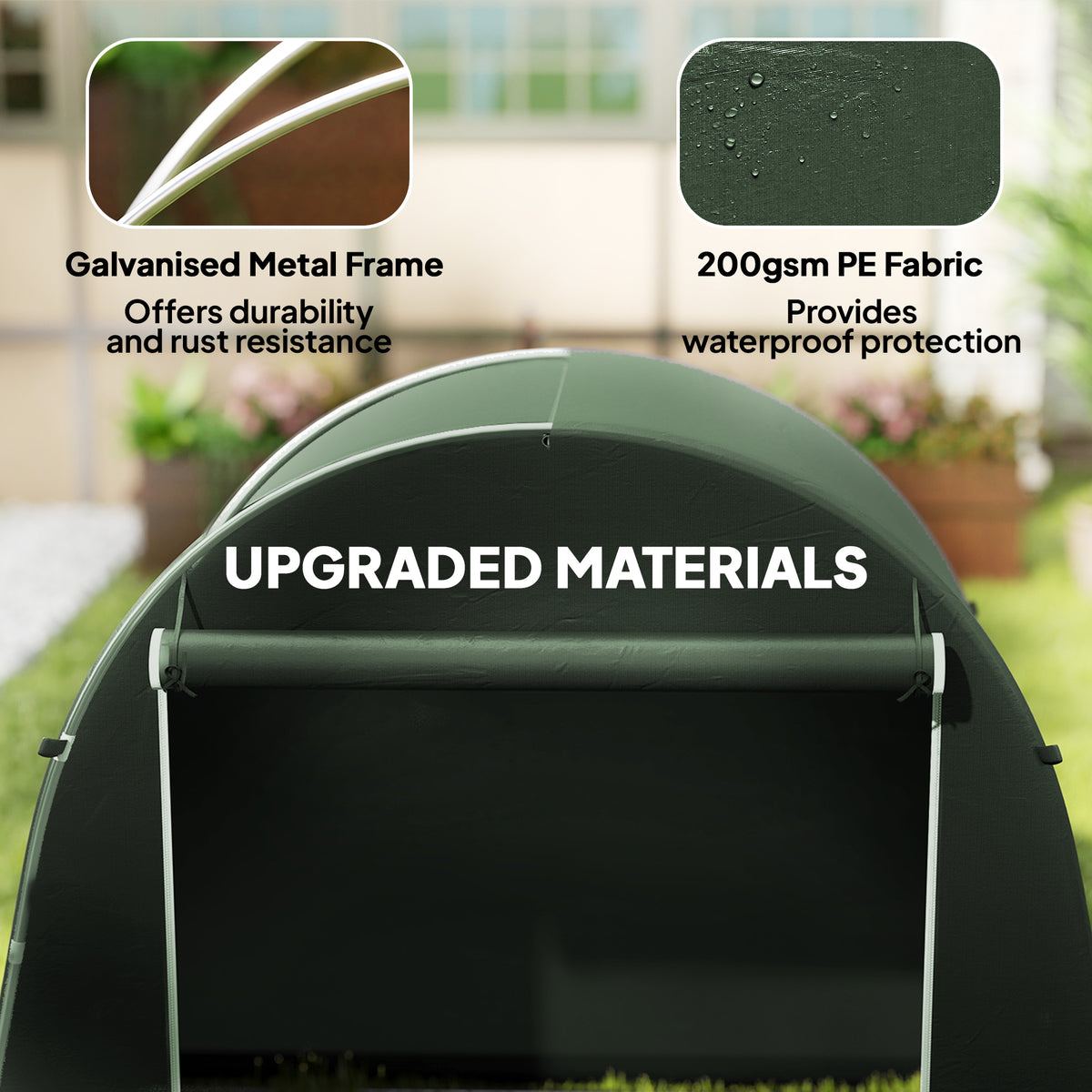 Green garden storage tent front with metal frame and water-resistant fabric