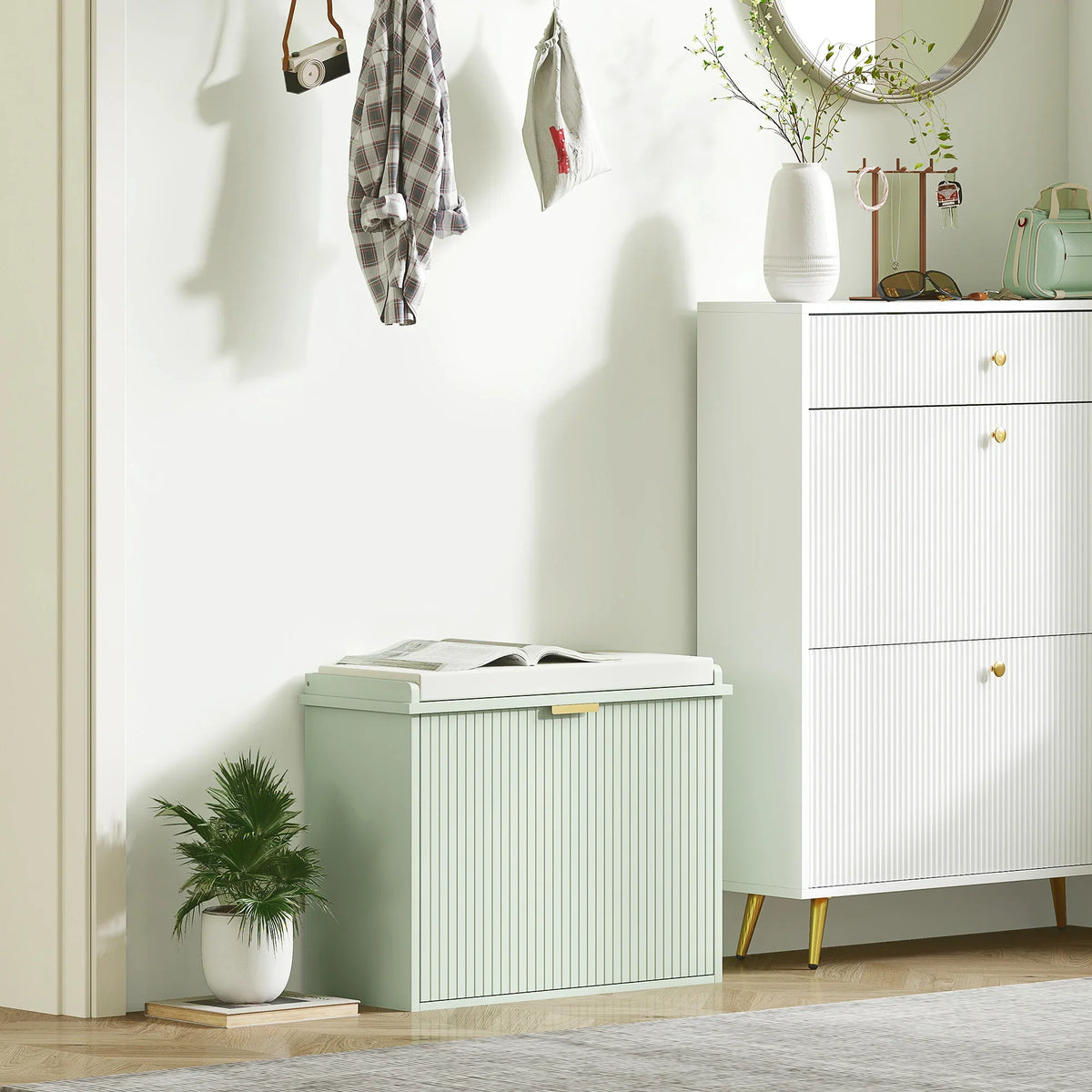 Green shoe bench with closed flip-top drawer and top seat in entryway