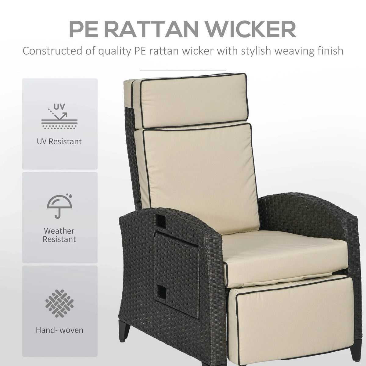 Outdoor recliner chair with beige seat and back cushions, dark brown PE rattan wicker frame