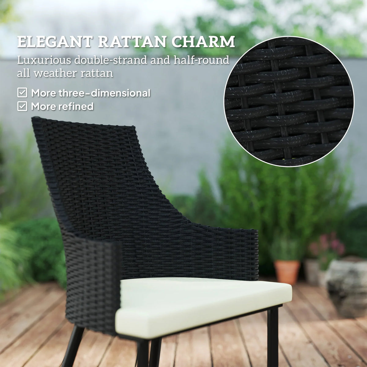 Black rattan dining armchair with cream cushion and curved backrest