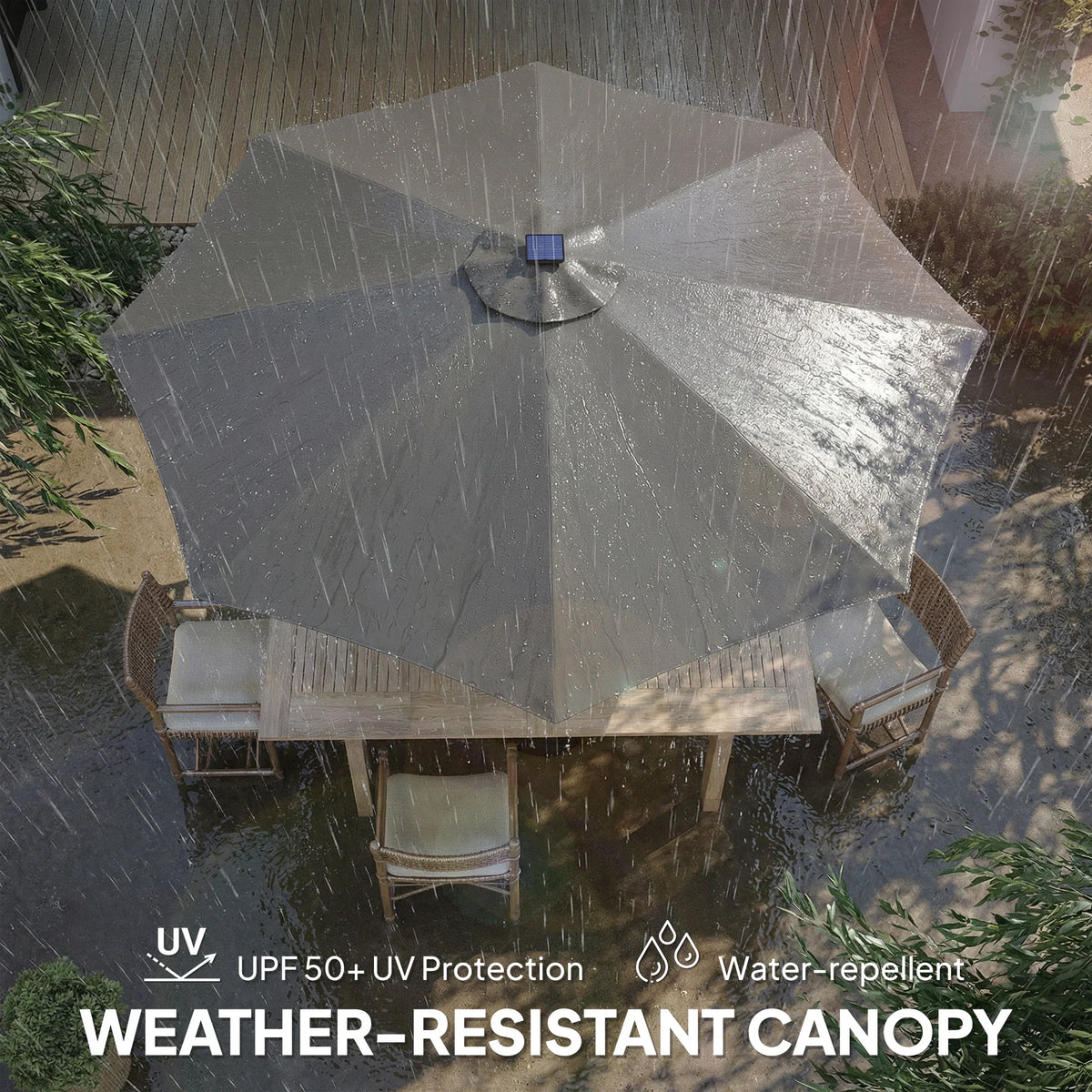 Grey weather-resistant patio parasol with UV-protective, water-repellent canopy