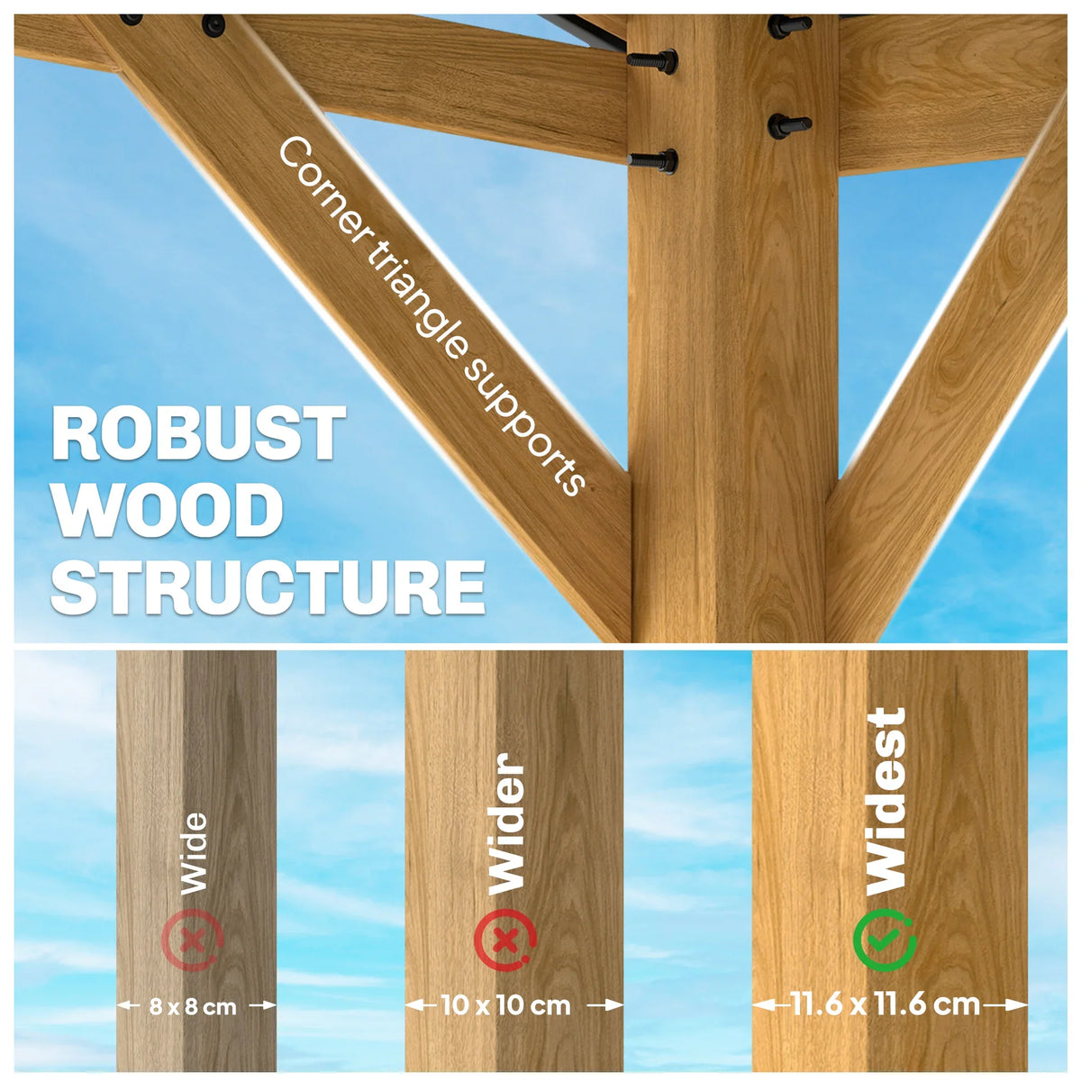 Wood gazebo frame close-up with corner triangle supports and wide beam bracing