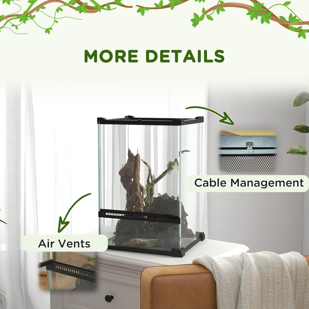 Glass reptile terrarium with side air vents and cable management area on the frame