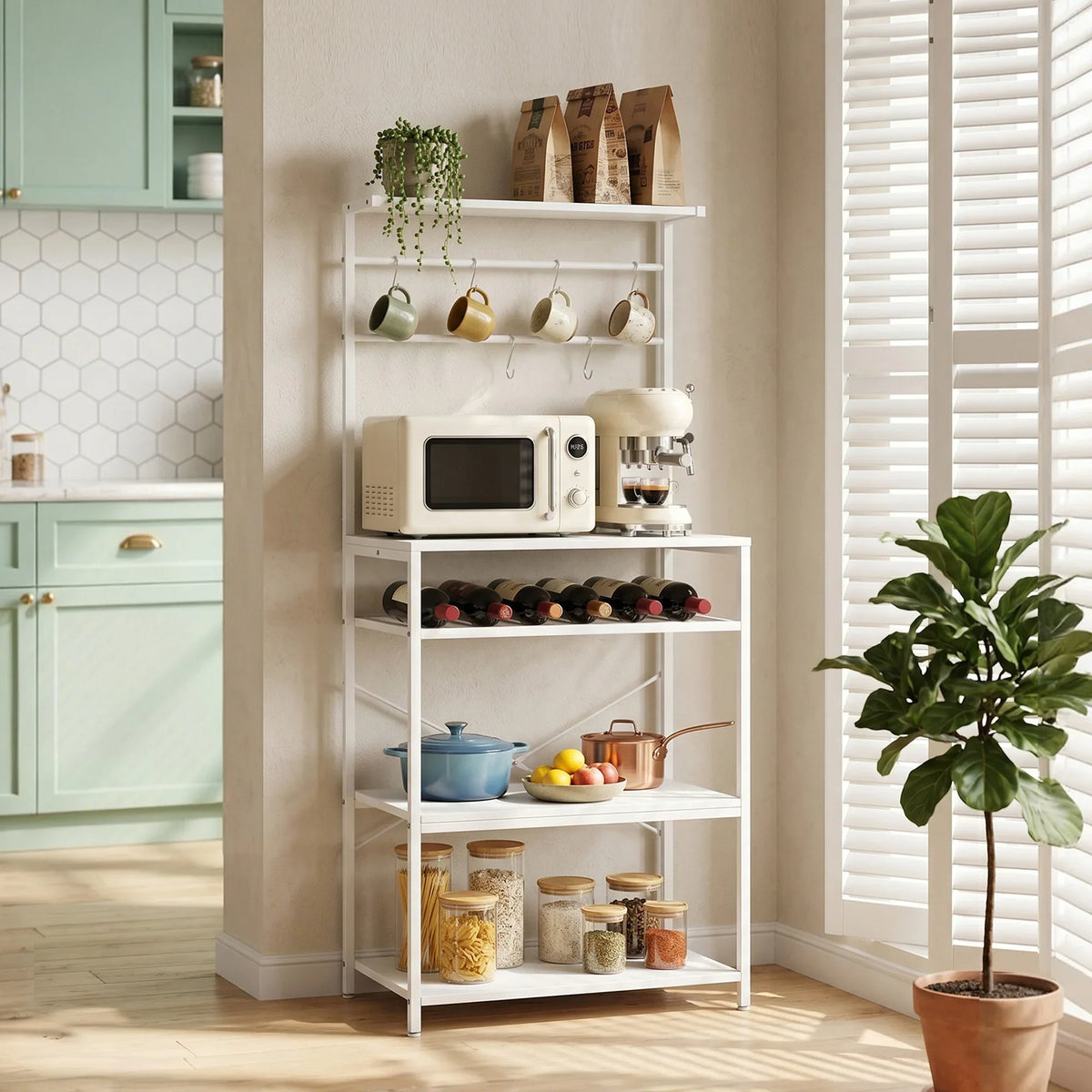White freestanding shelving unit with six hooks and wine rack, open shelves for storage