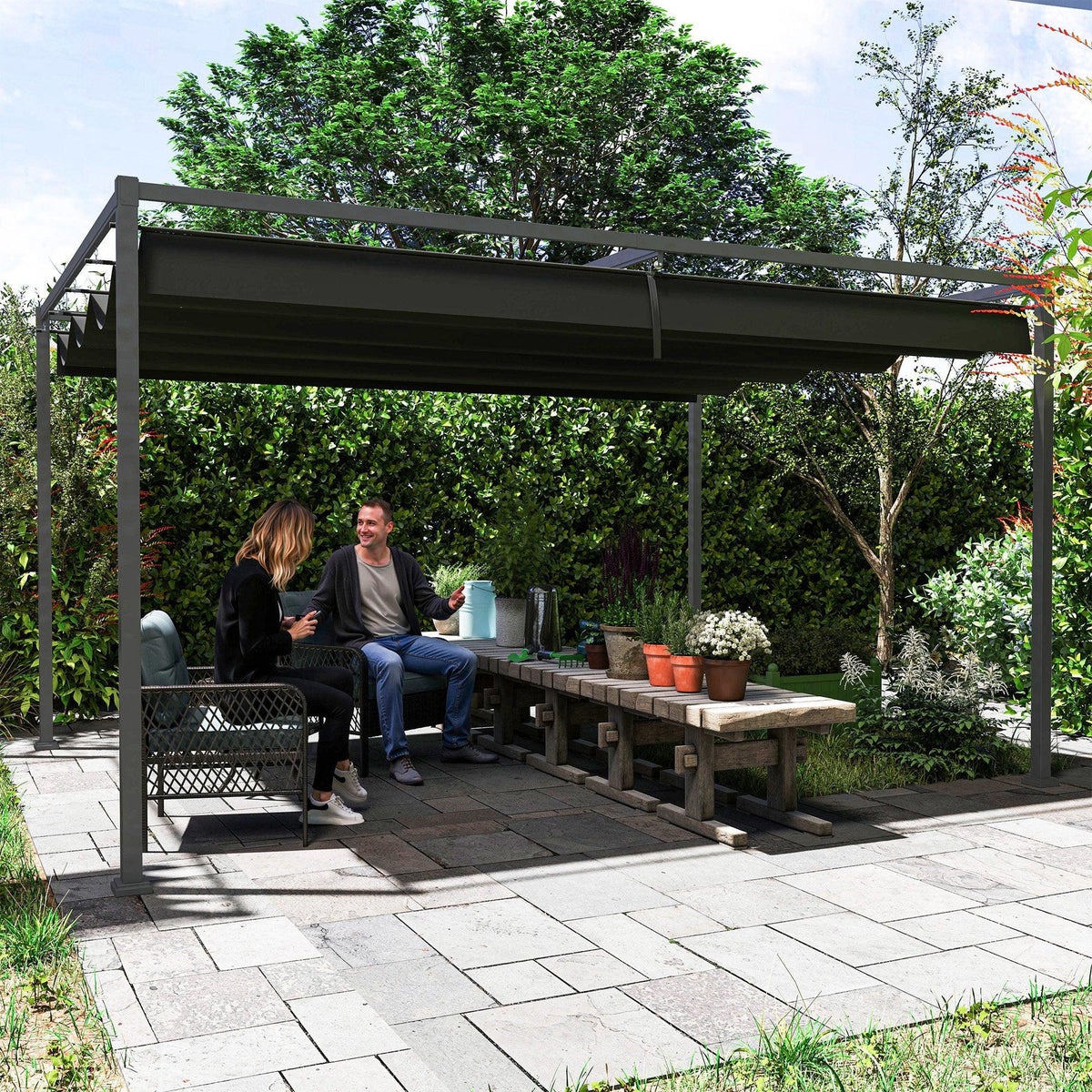 Black metal pergola with extended retractable canopy roof above patio seats