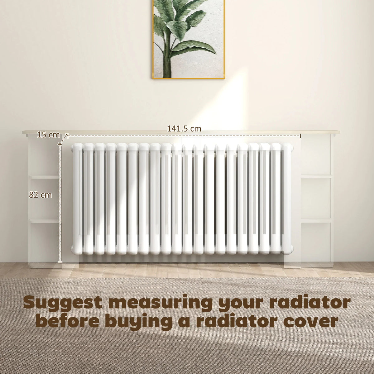 White radiator cover with slatted grille and open storage on both sides