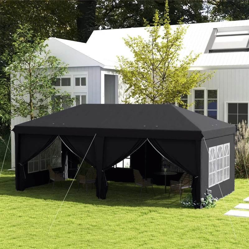 Dark grey pop-up gazebo with curtained sidewalls and arched window panels