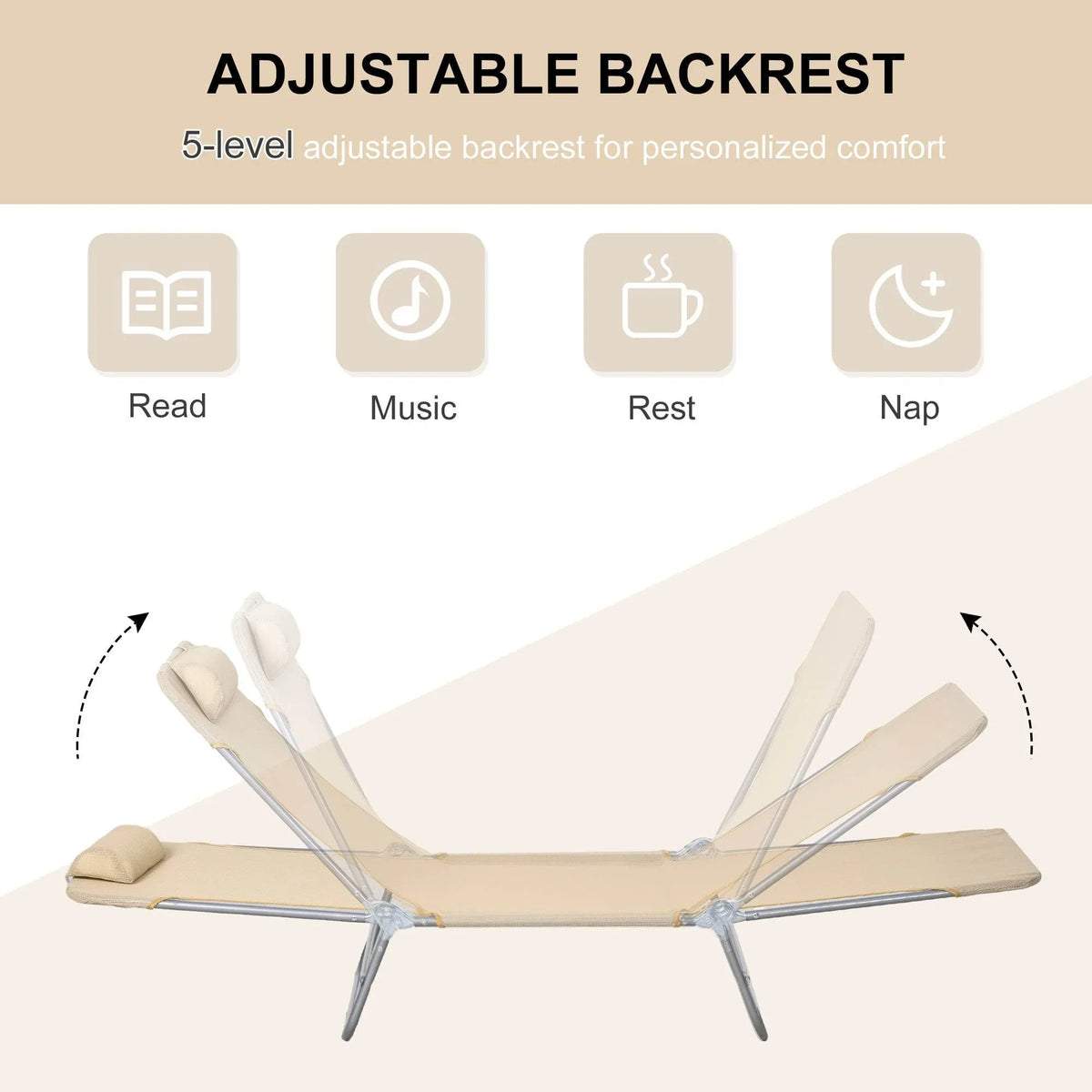 5-level adjustable sun lounger with beige cushion and padded headrest on steel frame