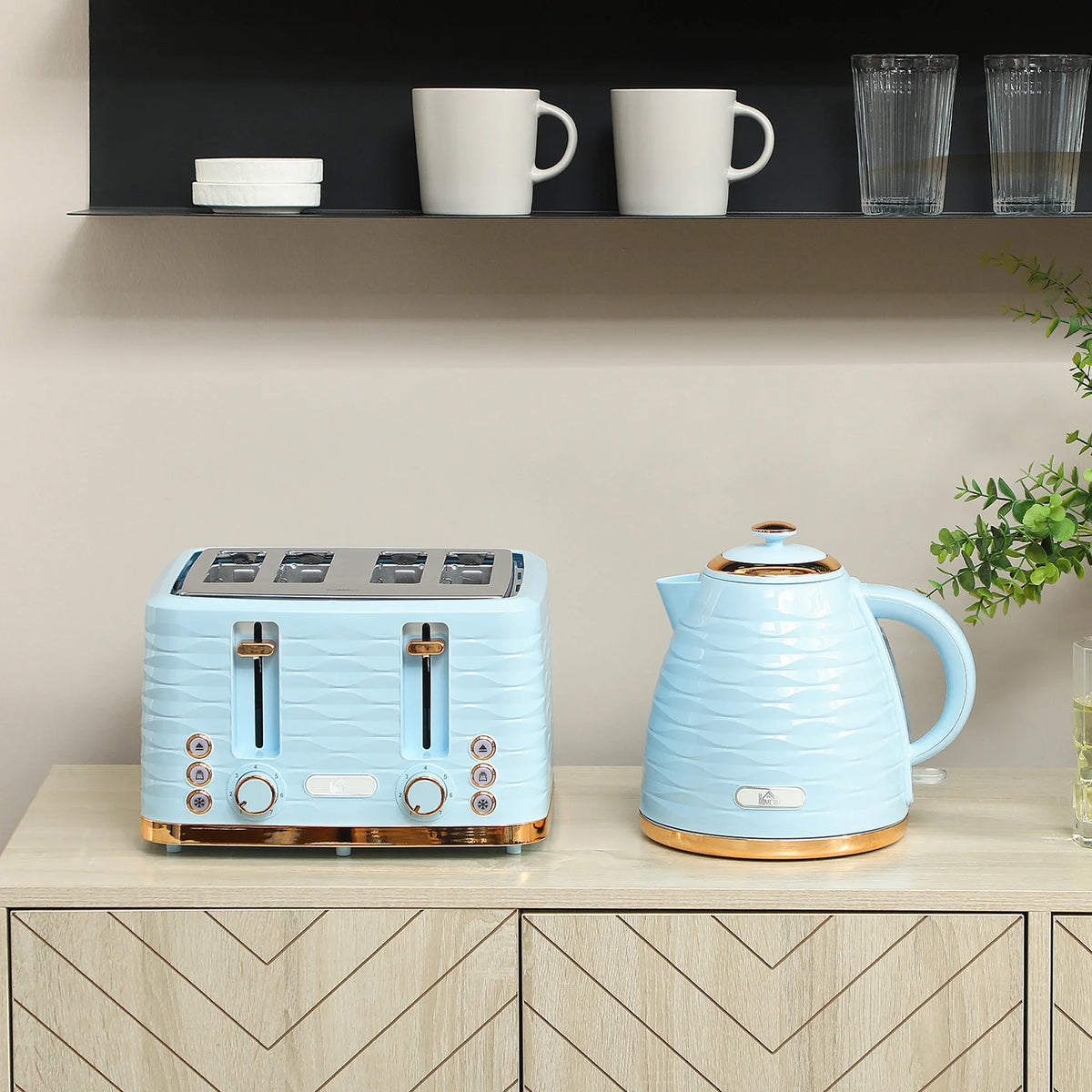 Light blue electric kettle and matching 4-slice toaster set with wooden base trim