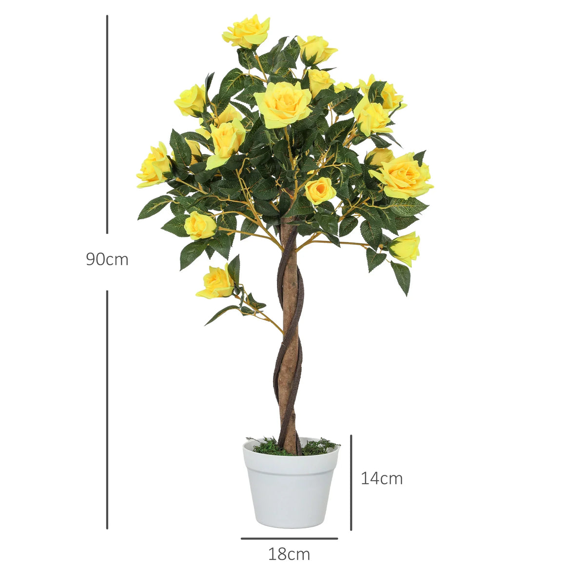 Artificial yellow rose tree with leafy green foliage in a white pot, 90 cm height