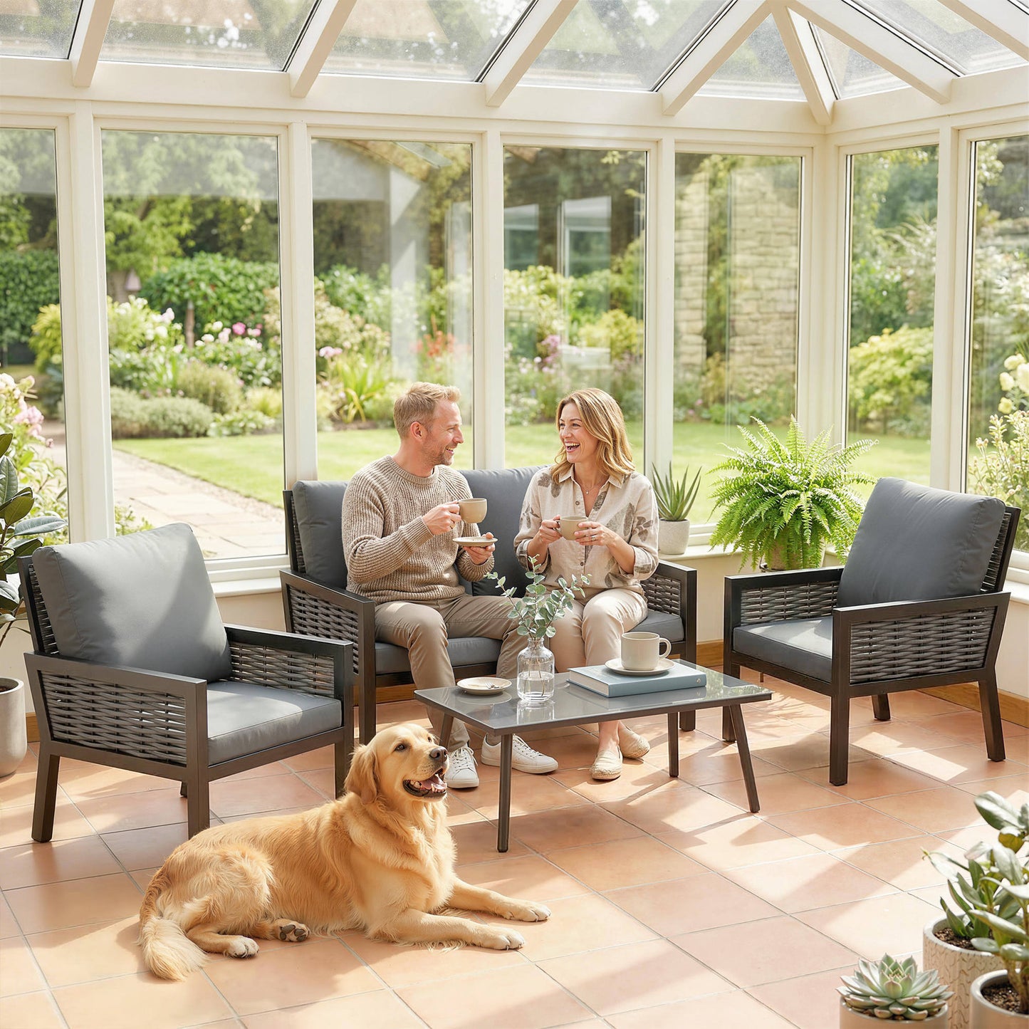 Outsunny 4 Seater Rattan Garden Furniture Set With 2 Armchairs Loveseat And Coffee Table Cushions Dark Grey