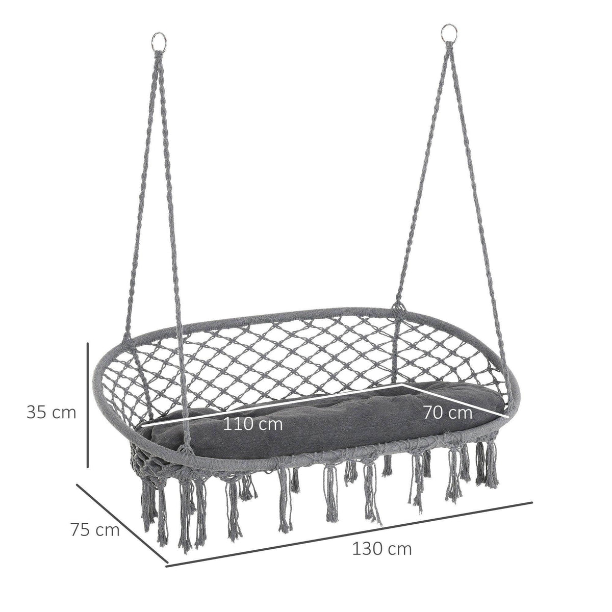 Dark grey macrame hammock chair with oval net seat and fringed cushion, metal hangers