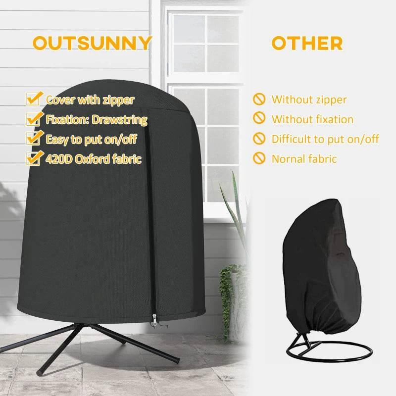 Black egg chair cover with visible front zipper and three-leg frame base