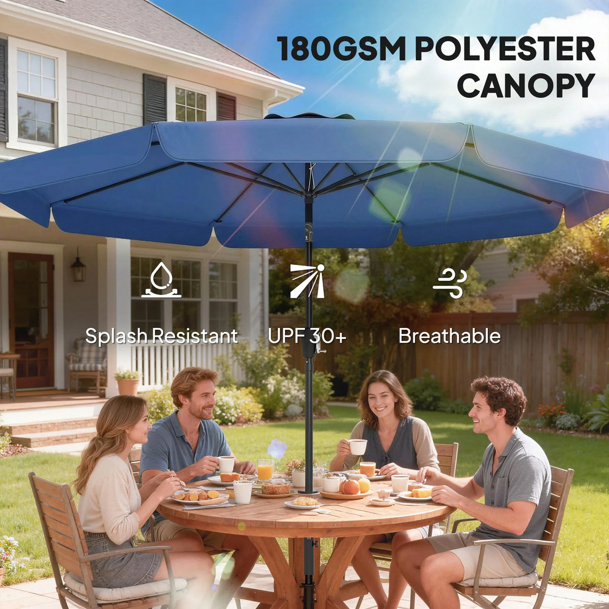 Dark blue patio umbrella canopy shading an outdoor dining table