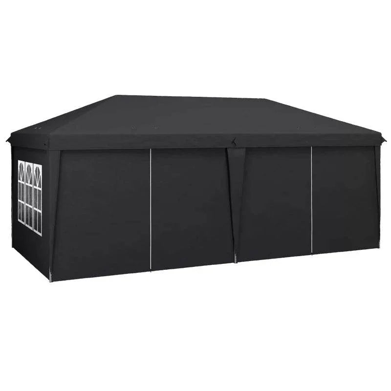 Dark grey pop-up gazebo with three-sided curtain walls and arched window panels