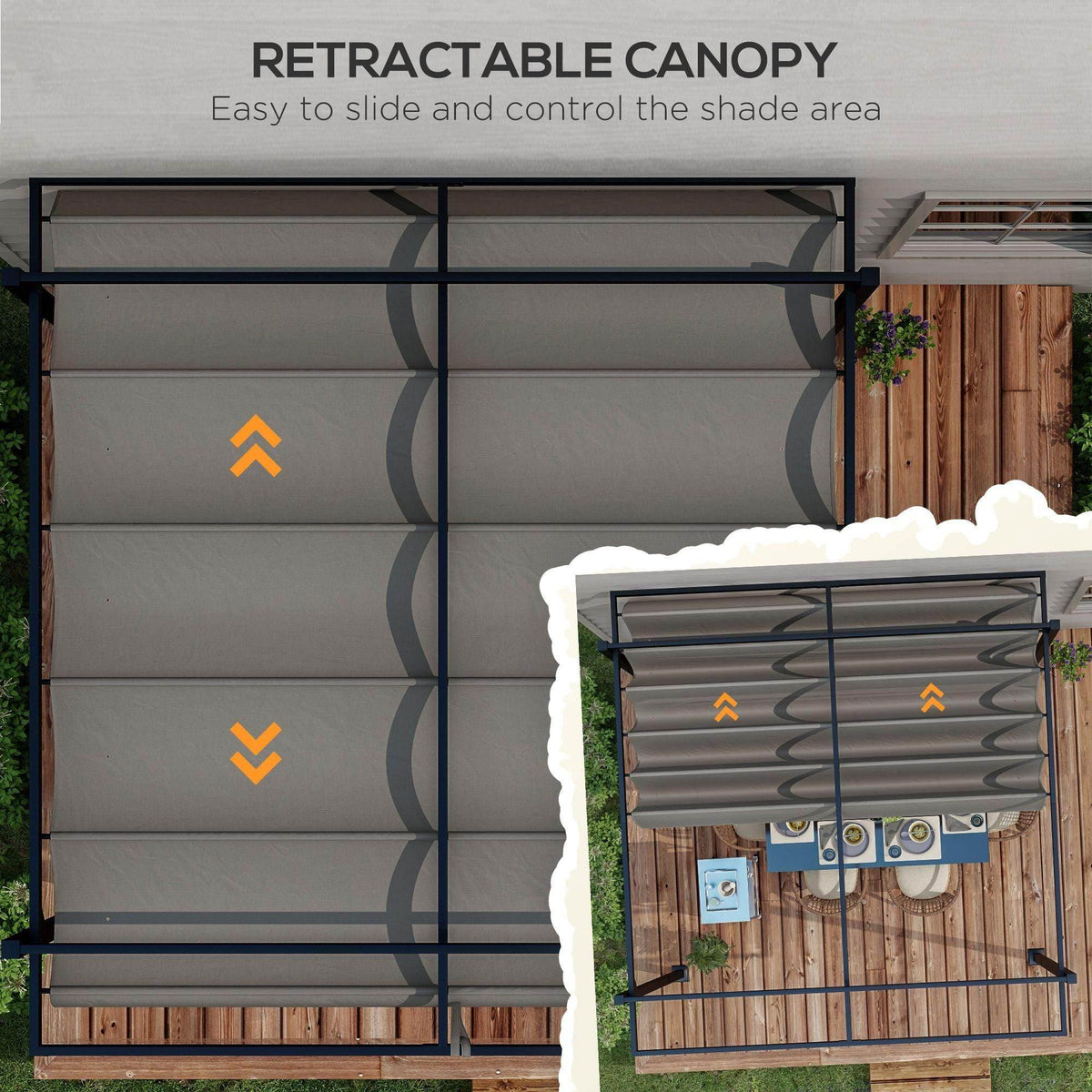 Retractable pergola canopy with side curtain panels, dark grey frame on deck
