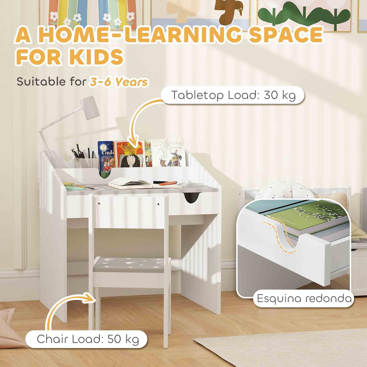 Grey kids study table and chair set with weight capacity for tabletop load and chair load