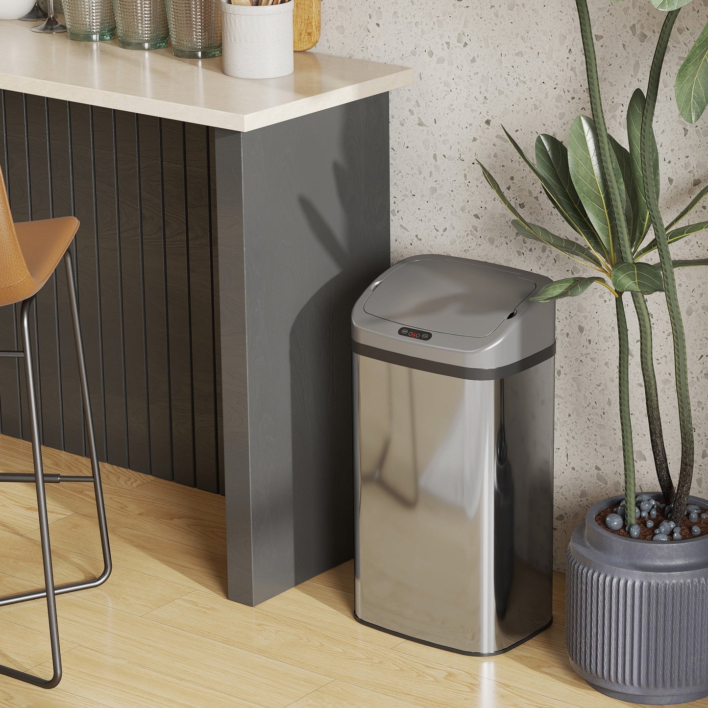 HOMCOM 48L Stainless Steel Sensor Bin Automatic Lid Infrared Sensor Kitchen Trash Can Silver Tone