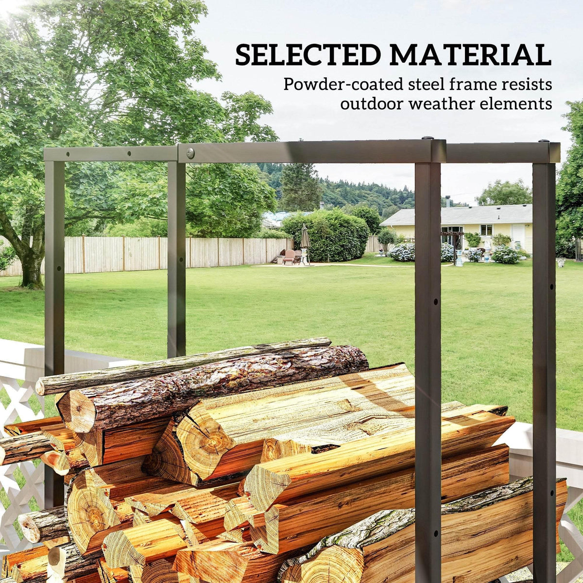 Black powder-coated metal firewood log rack holding stacked logs outdoors