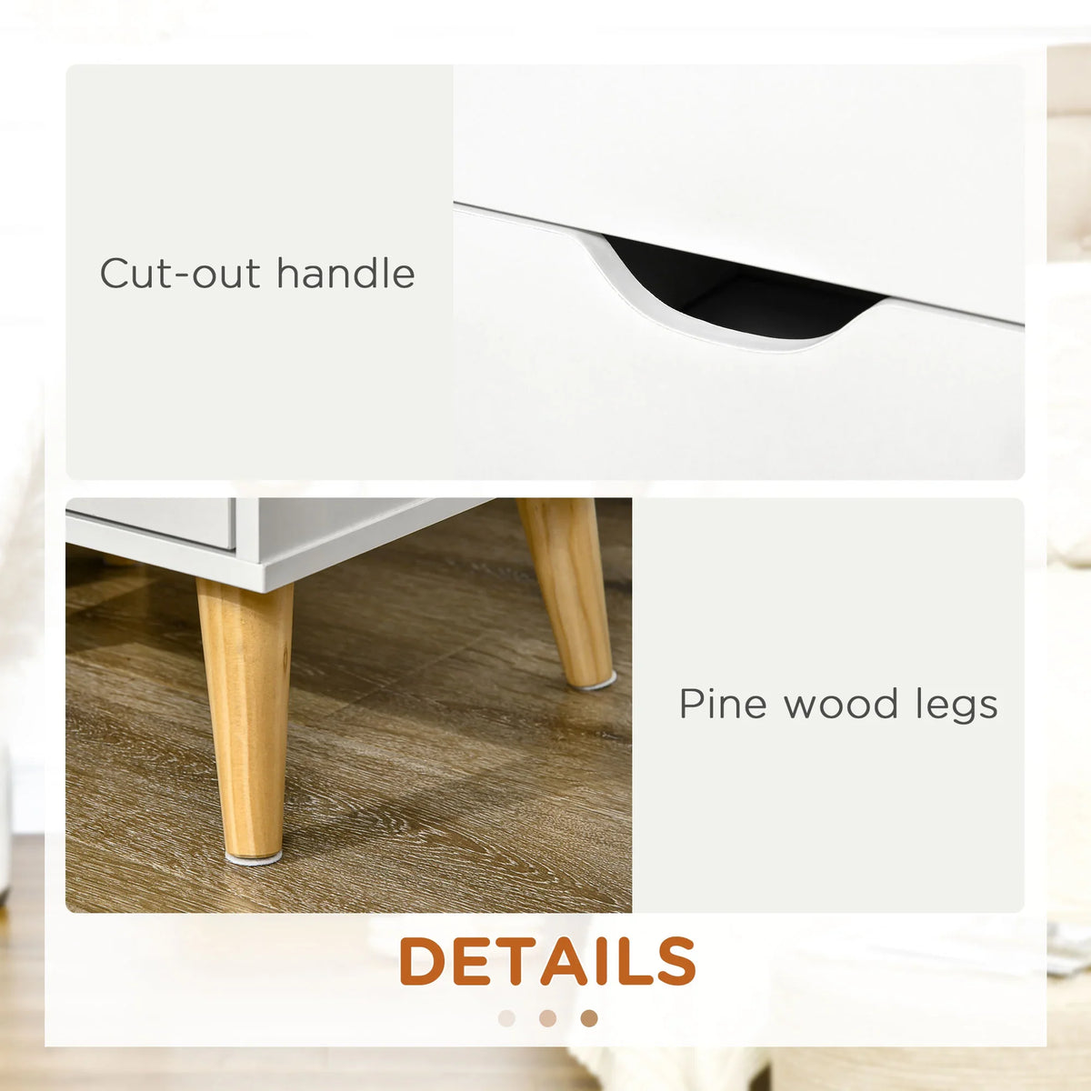 White drawer with cut-out handle and light pine legs, close-up detail.