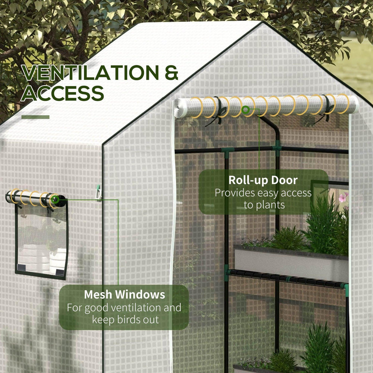 White greenhouse cover with roll-up door and mesh window panels for ventilation