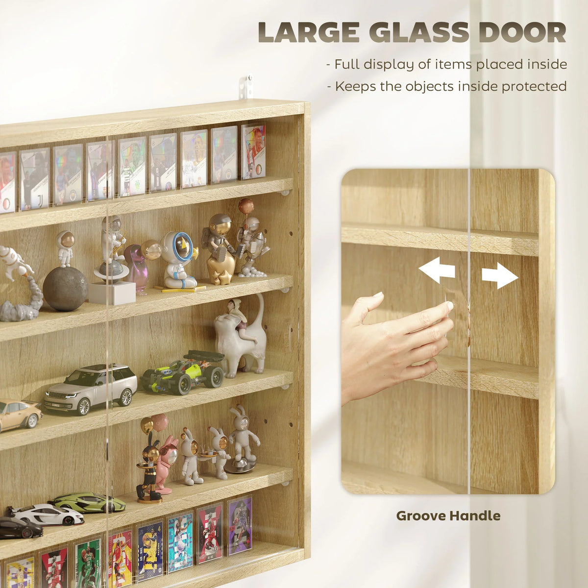 Oak wall display cabinet with large glass doors and internal shelves, protected collectibles inside