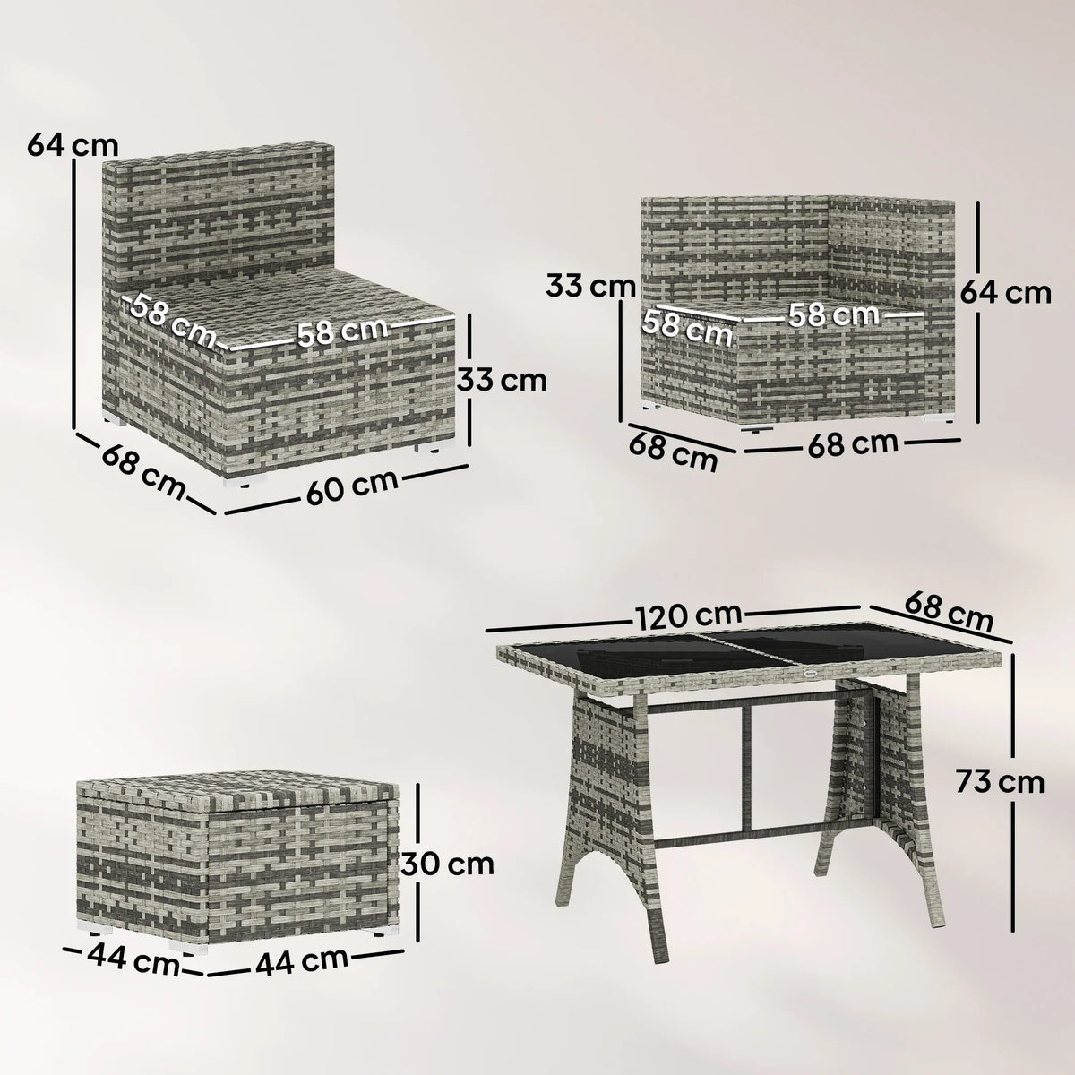 Outdoor rattan furniture set size diagram: corner sofa and glass coffee table dimensions
