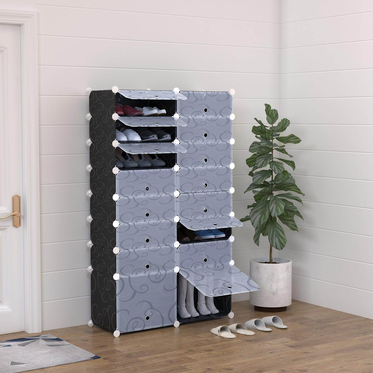 Modular 16-cube shoe rack cabinet with dark and light-gray fabric panels and square slots