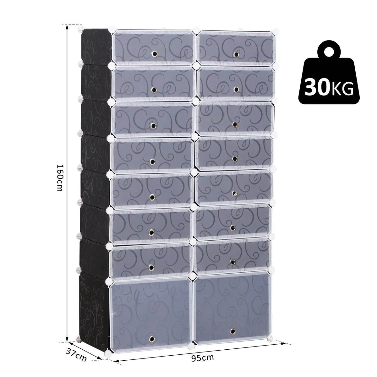 16-cube portable shoe rack cabinet, dark side panels and light-gray cube compartments