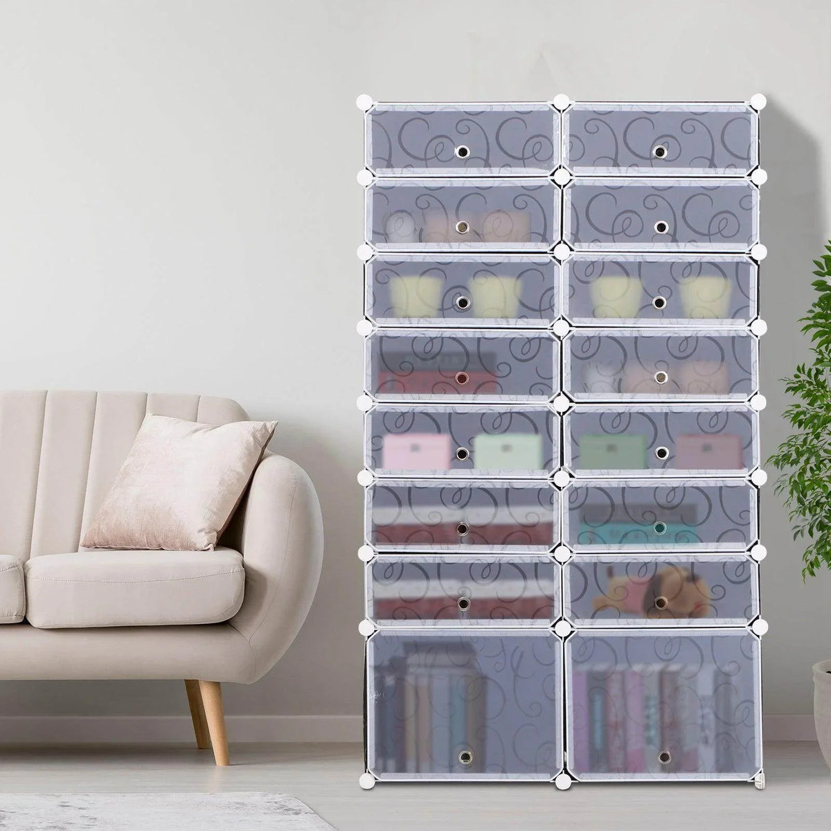 Modular shoe rack with stacked cube compartments in light-gray and dark panels