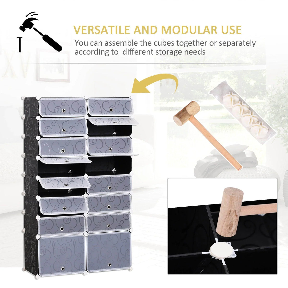 Versatile 16-cube shoe rack with stackable modules for separate or combined storage