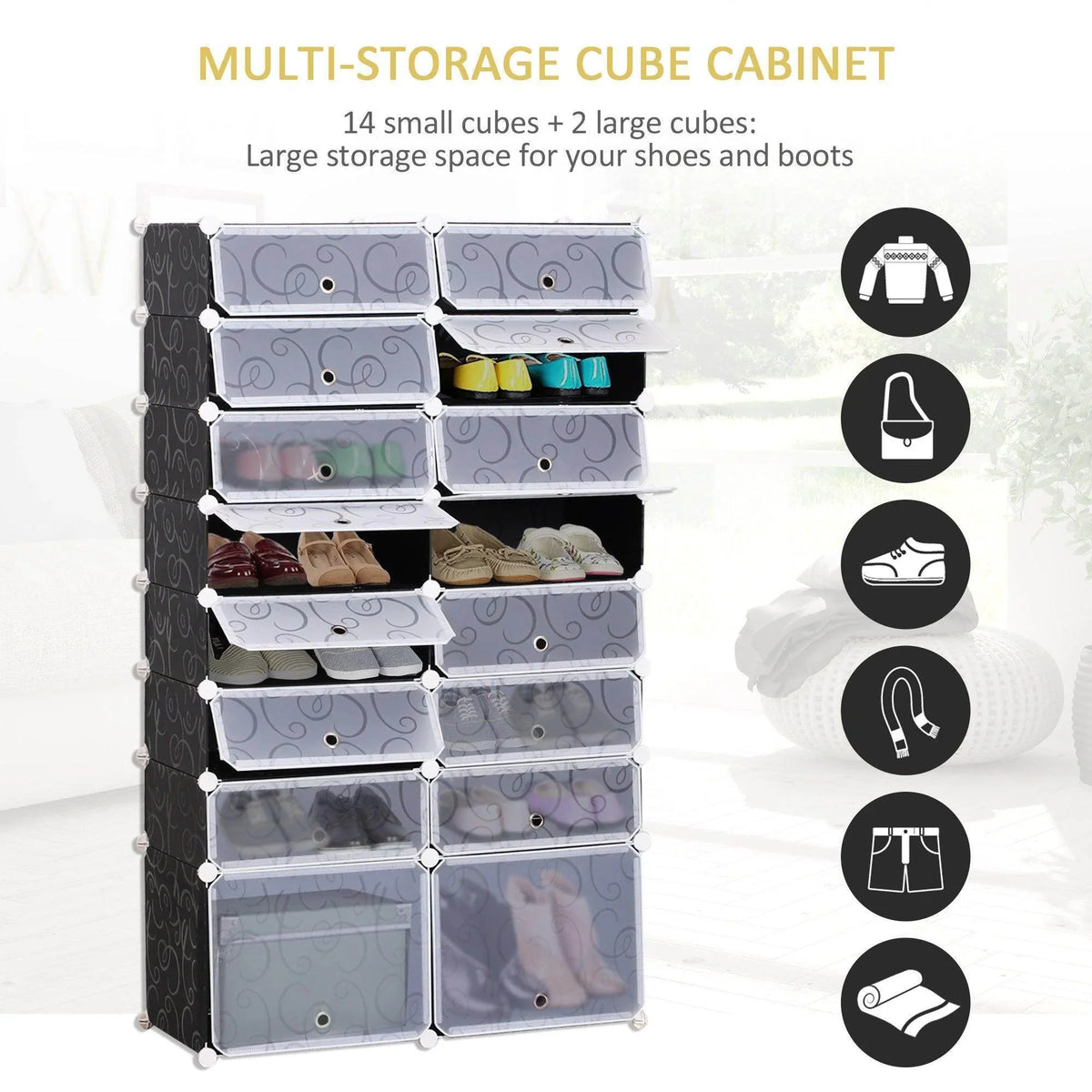 Multi-storage cube cabinet for shoes with open cube compartments and dark/light-gray panels