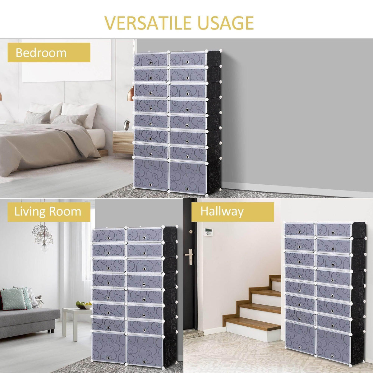 Modular shoe rack cube cabinet displayed in multiple room layouts, dark and light-gray