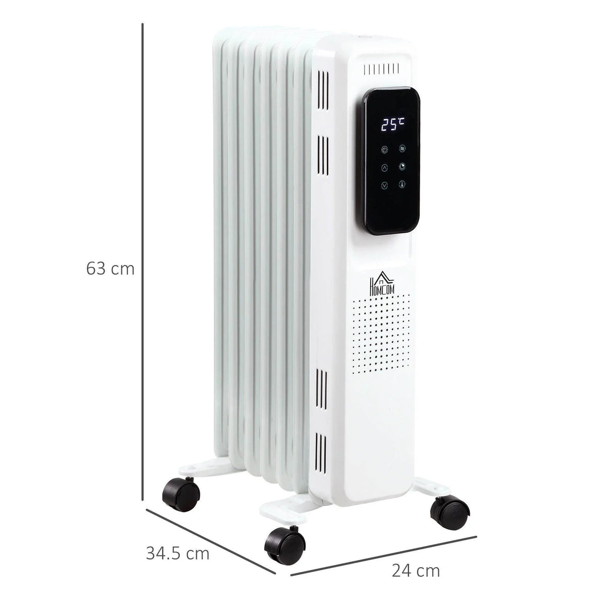 White oil-filled radiator with digital thermostat display and four caster wheels