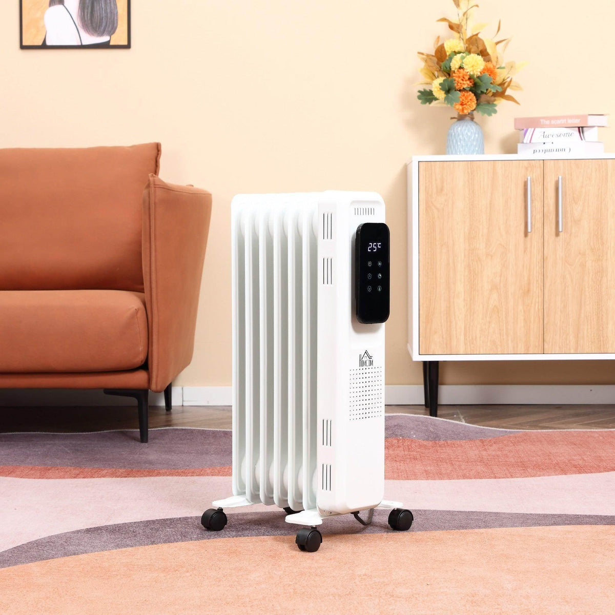 White oil-filled radiator heater with black display and front control panel