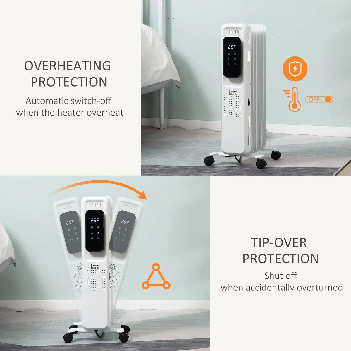 White oil-filled radiator heater with overheat and tip-over protection controls