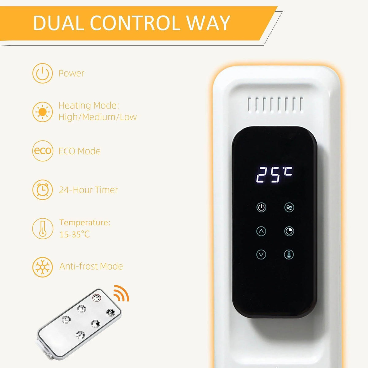 White oil-filled radiator control panel with 25°C display and remote control