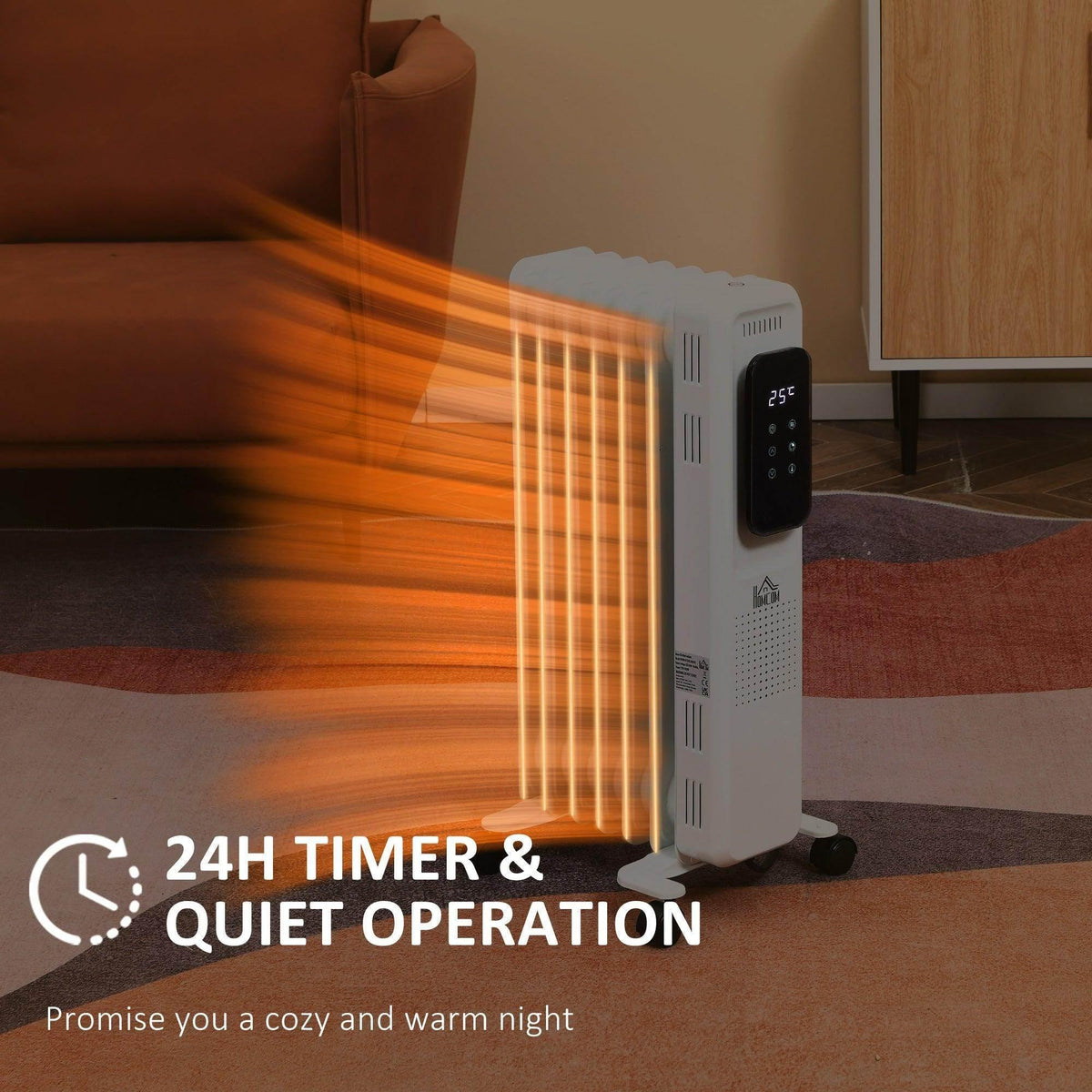White oil-filled radiator heater with glowing vertical heating fins and front display