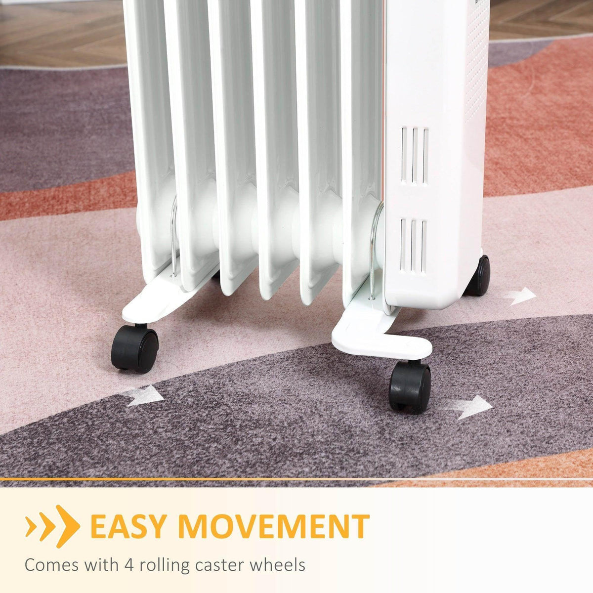 White oil-filled radiator on caster wheels with stable flat base